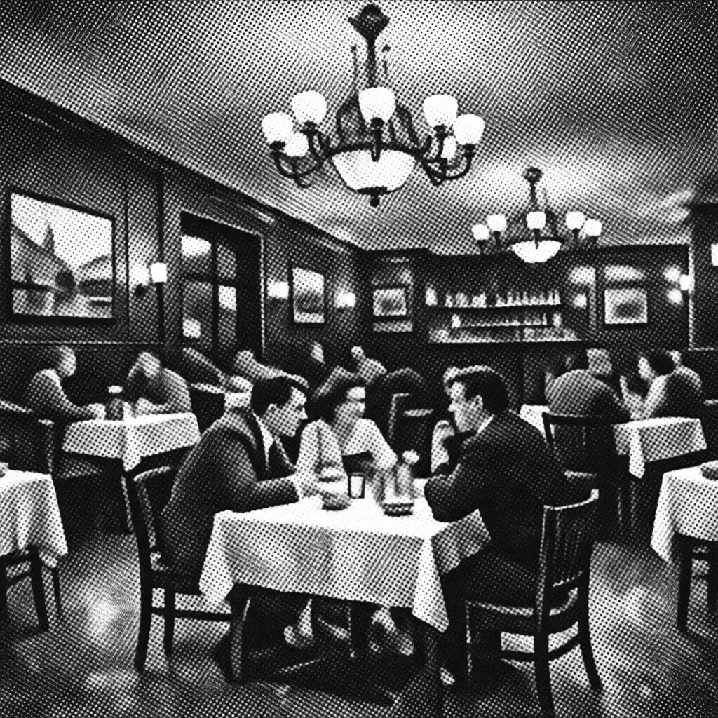 A Taste & Tablle étterem belső tere: meleg fa burkolatok, fehér abroszos asztalok, antik csillárok és régi Budapest fotók a falakon