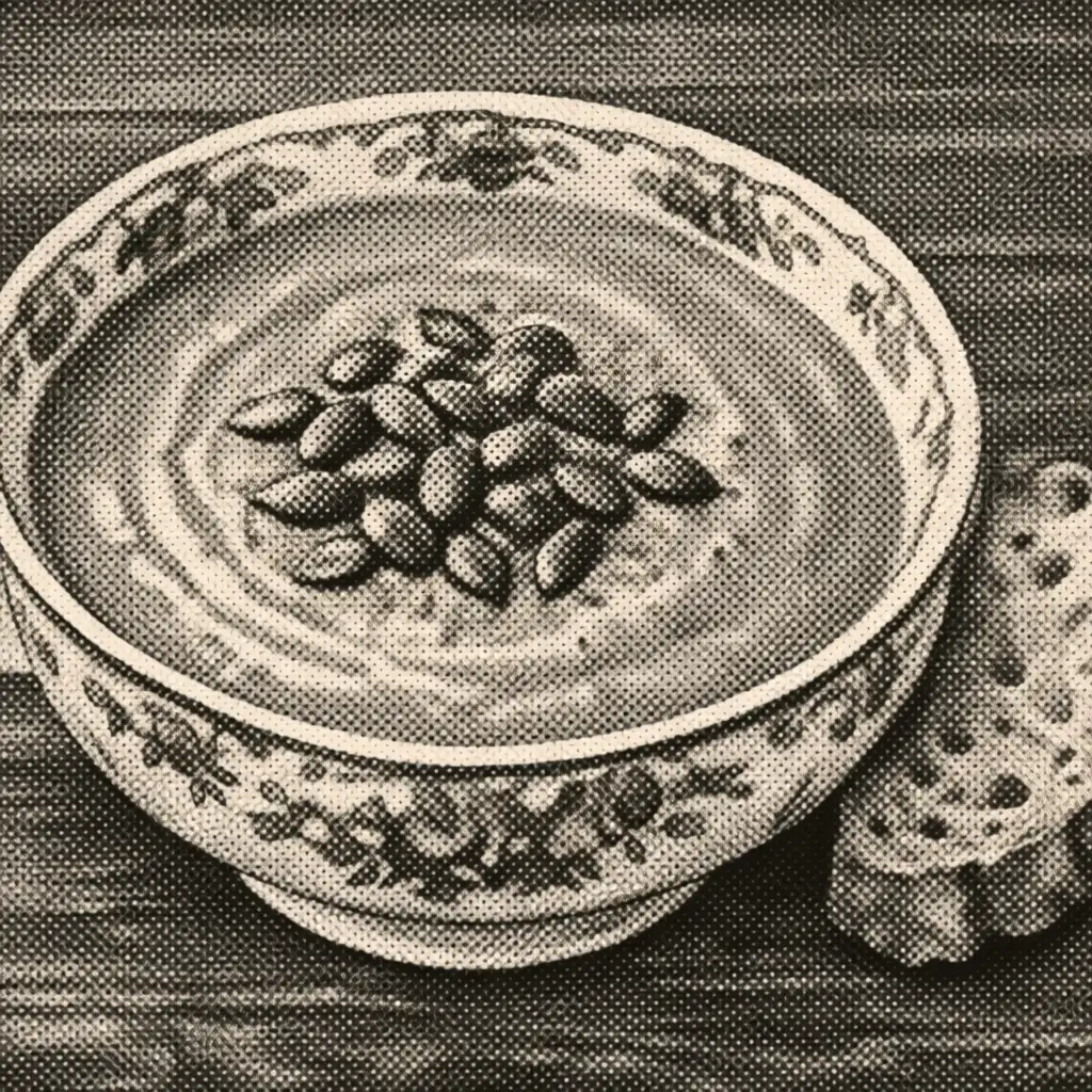 Krémes sütőtökleves pirított tökmaggal, vintage porcelántálban, házi kenyérrel