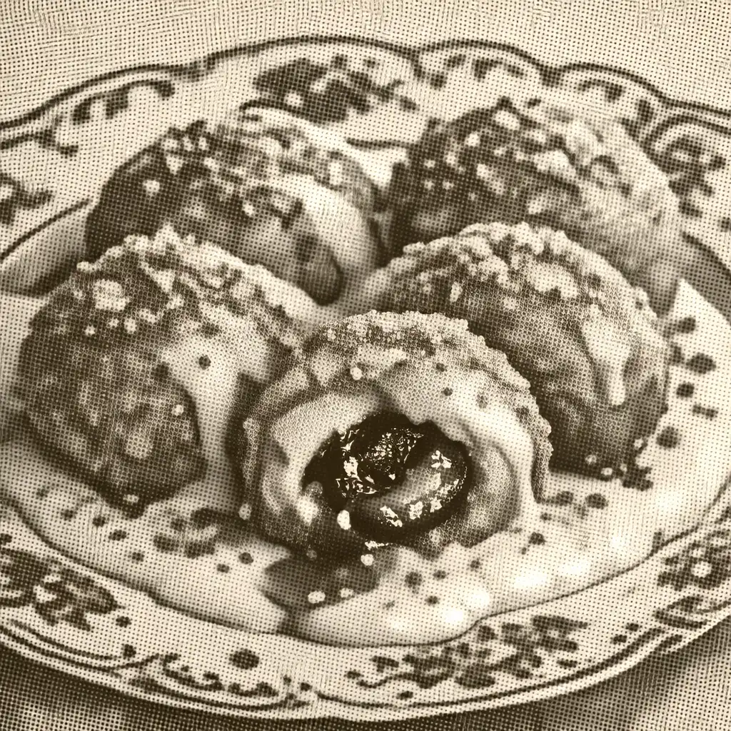 Szilvás gombóc fahéjas morzsával és vaníliasodóval, vintage desszerttányéron