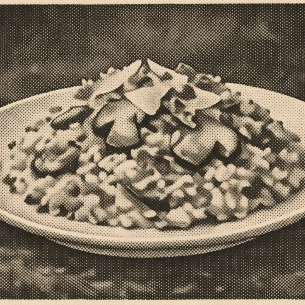 Vargányás rizottó parmezánforgáccsal és friss petrezselyemmel, fehér porcelántányéron